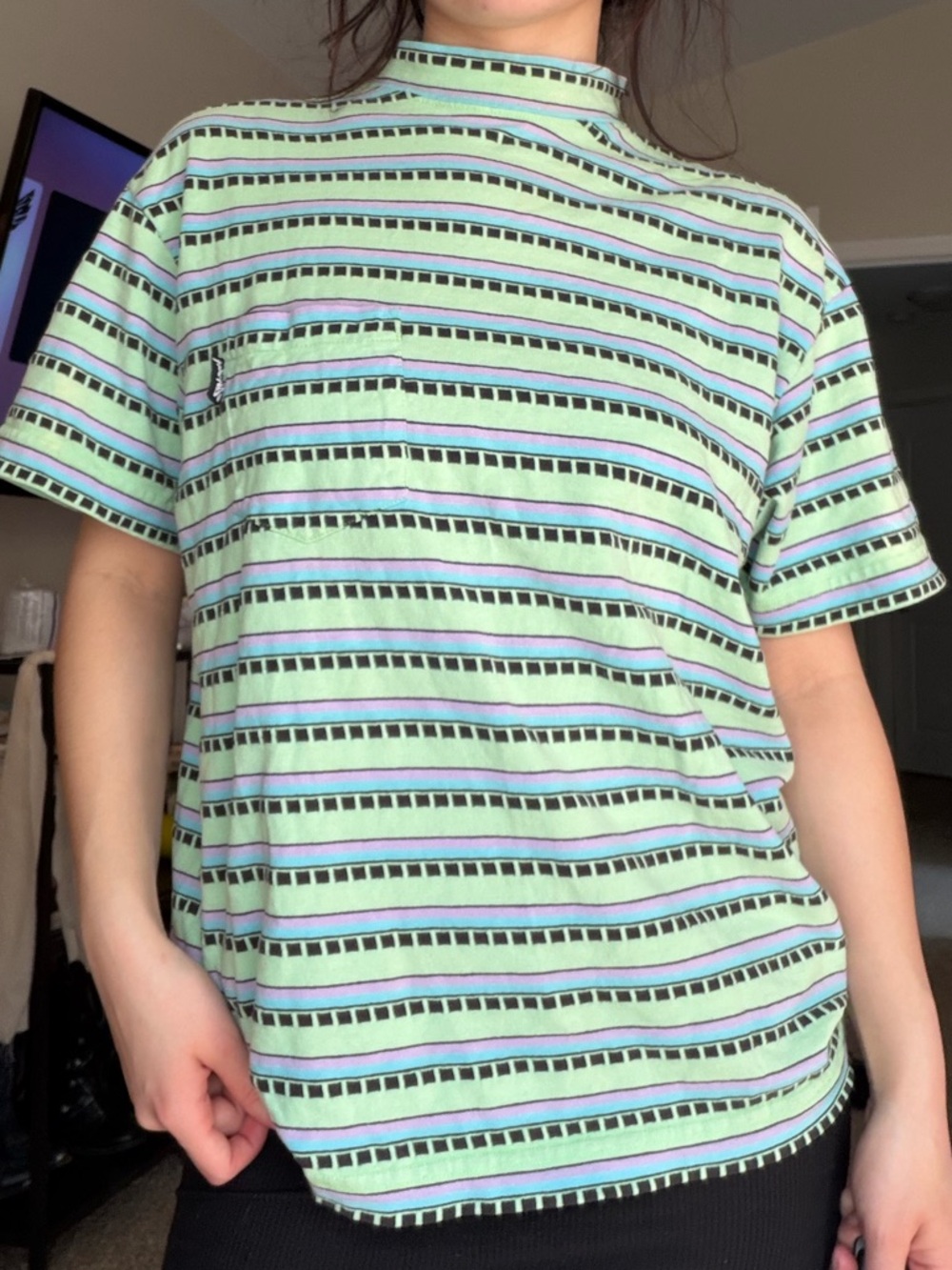 Vintage Stussy Mint Green Striped Mock Neck Tee
